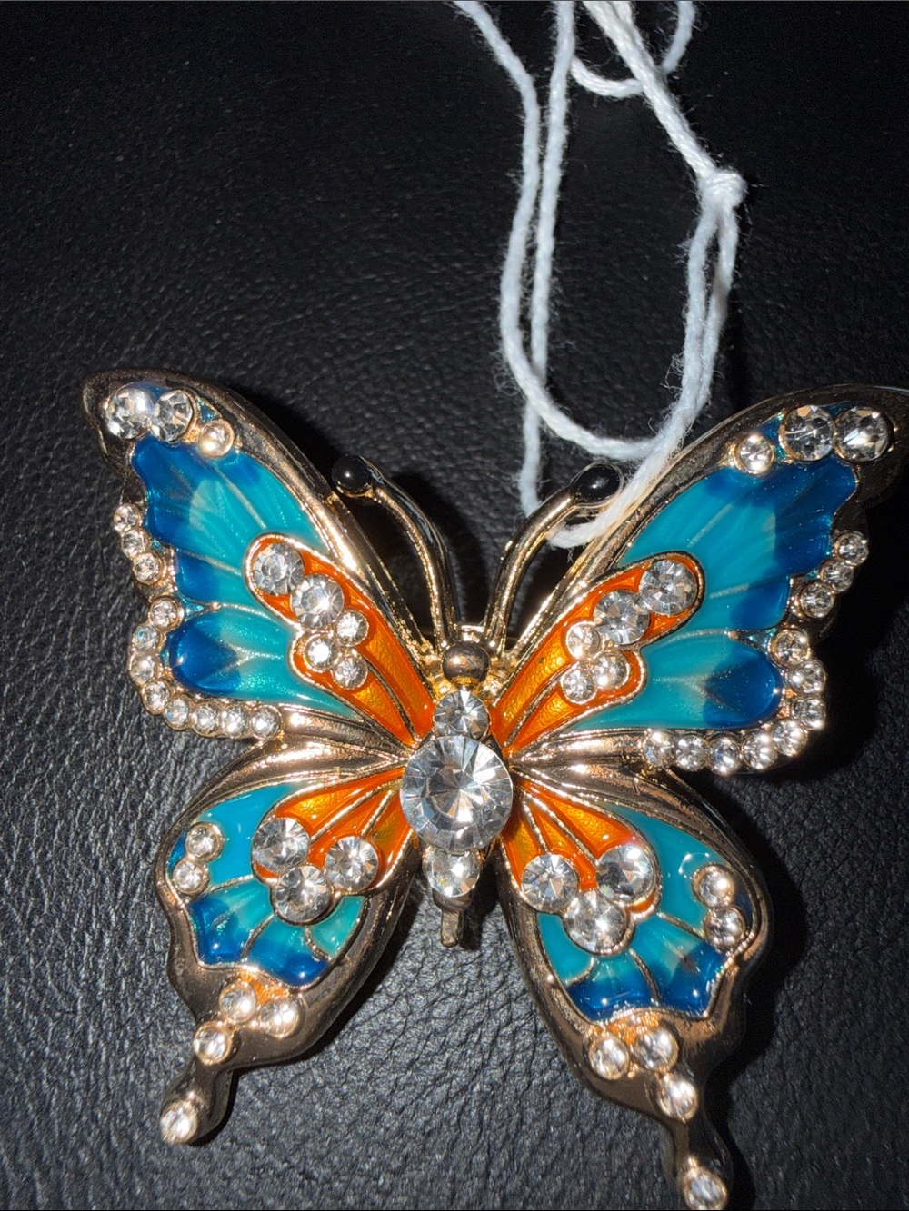 Vibrant Blue & Orange Butterfly Brooch with Crystal Accents